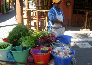 Cart vendor with fresh veggies and fruit